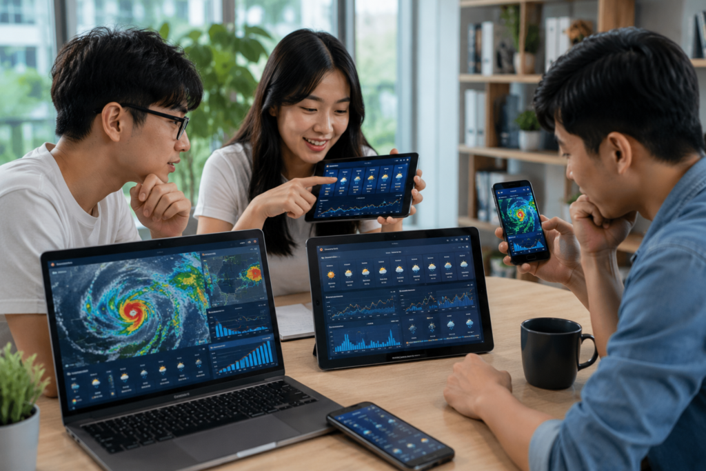 Vietnamese users checking hourly weather forecasts, 7-day weather outlooks, and severe weather alerts on smartphones, tablets, and laptops with modern meteorological dashboards and weather maps.
