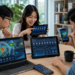 Vietnamese users checking hourly weather forecasts, 7-day weather outlooks, and severe weather alerts on smartphones, tablets, and laptops with modern meteorological dashboards and weather maps.