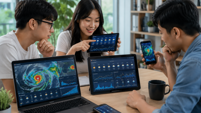 Vietnamese users checking hourly weather forecasts, 7-day weather outlooks, and severe weather alerts on smartphones, tablets, and laptops with modern meteorological dashboards and weather maps.