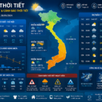 Professional weather forecast infographic showing hourly weather, 7-day forecast, and weather alerts including storms, rain, temperature changes, and climate warning systems in Vietnam.