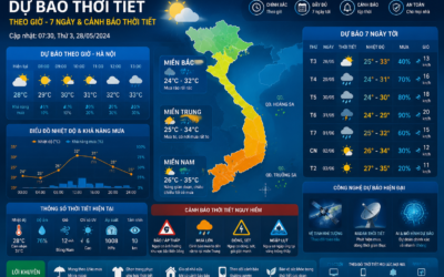 Professional weather forecast infographic showing hourly weather, 7-day forecast, and weather alerts including storms, rain, temperature changes, and climate warning systems in Vietnam.